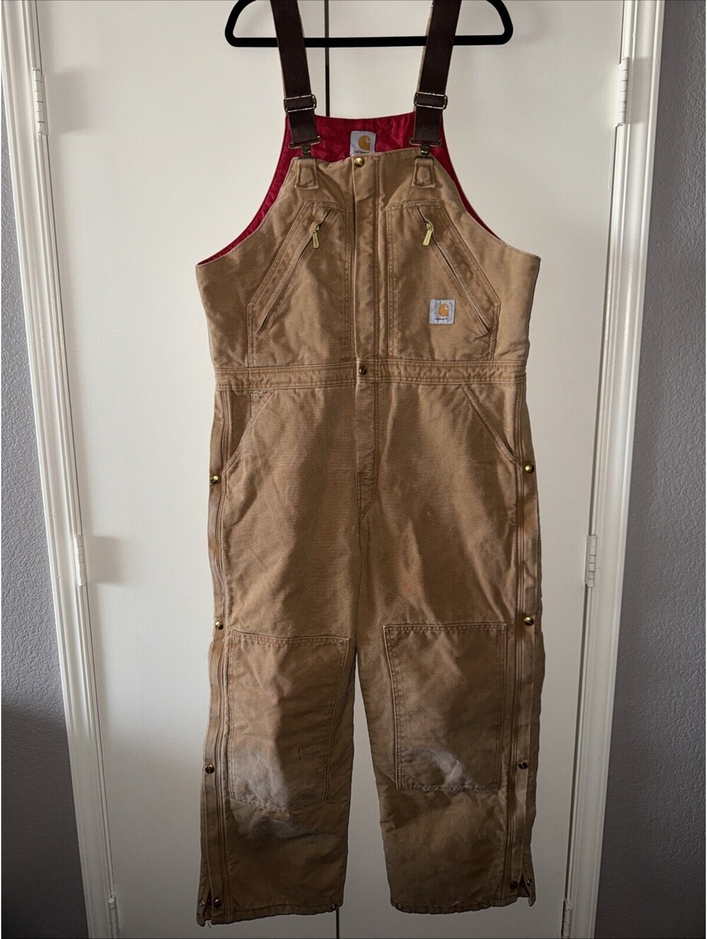 VTG Carhartt R38 BRN Quilt Lined Overalls Double Knee Zip To Waist Brown 38x30
